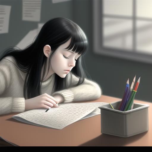 00215-2762093244-1girl, solo, black hair, hair ornament, pencil, realistic, closed eyes, hairclip, long hair, long sleeves, crossed arms, blurry,.png